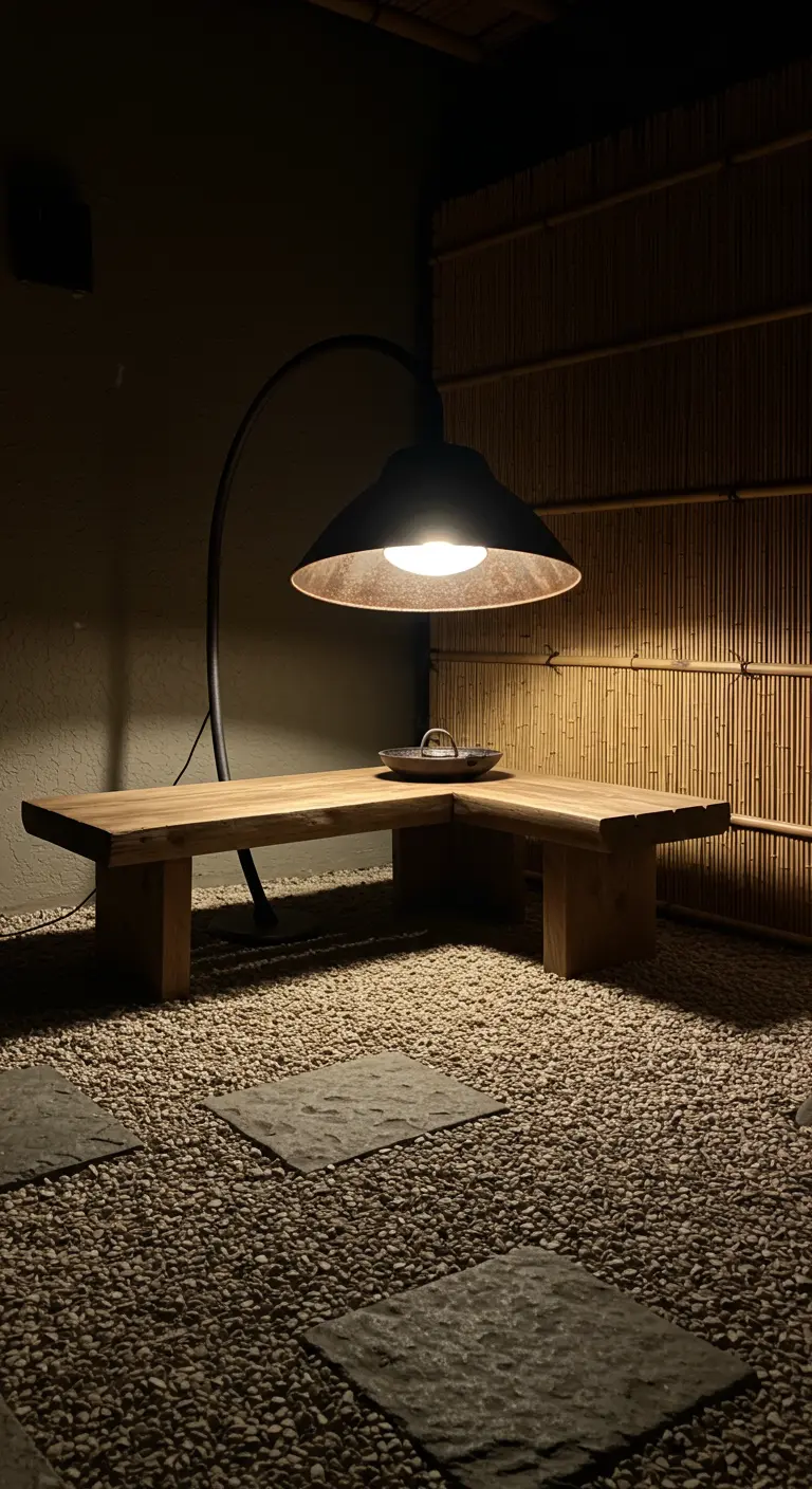 Eine große, dunkle Wok-Pfanne dient als Lampenschirm für eine Bogenlampe in einer Zen-Ecke.