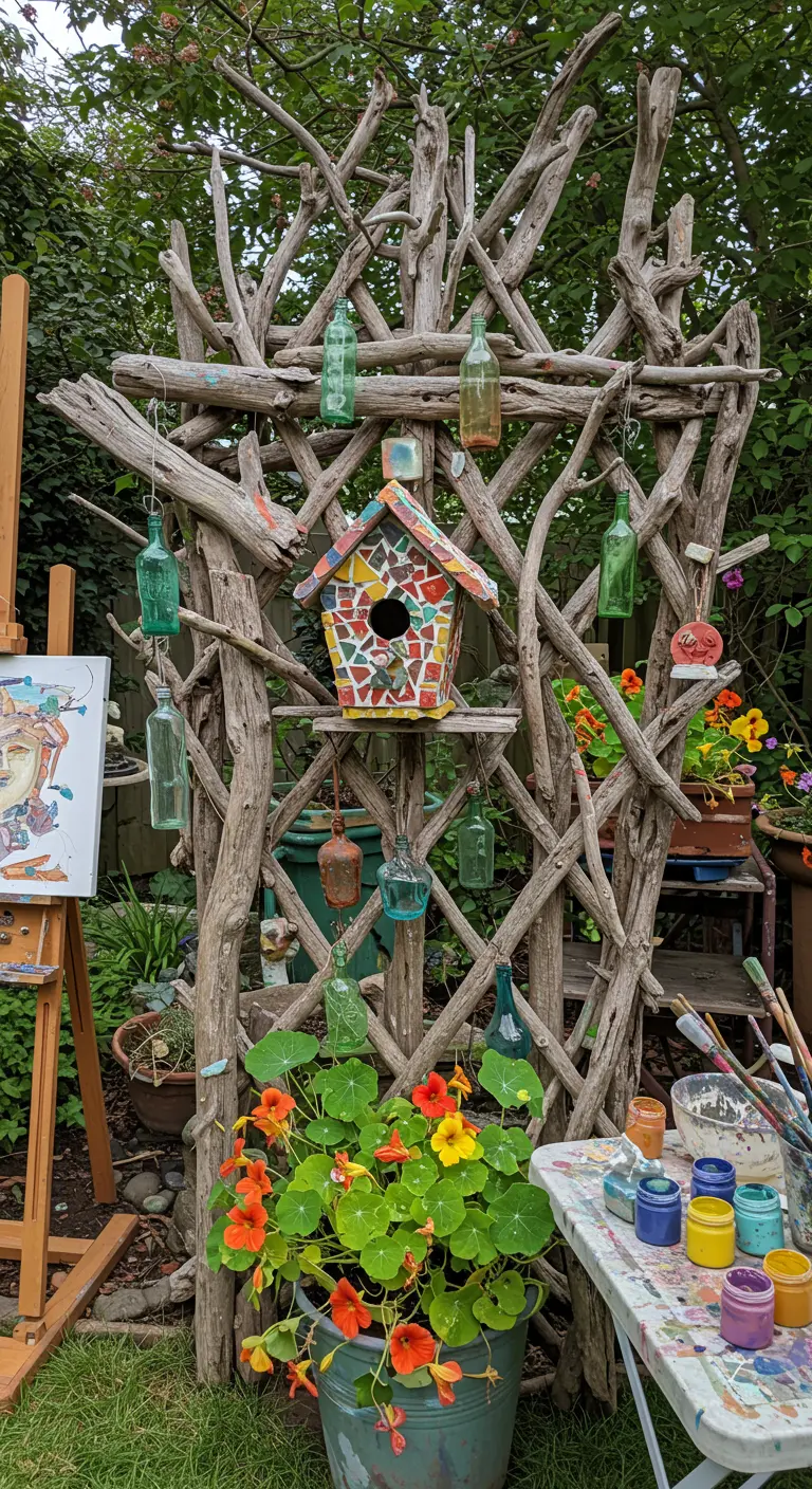 Künstlerisches Treibholz-Spalier mit bunten Glasflaschen und einem Mosaik-Vogelhaus.