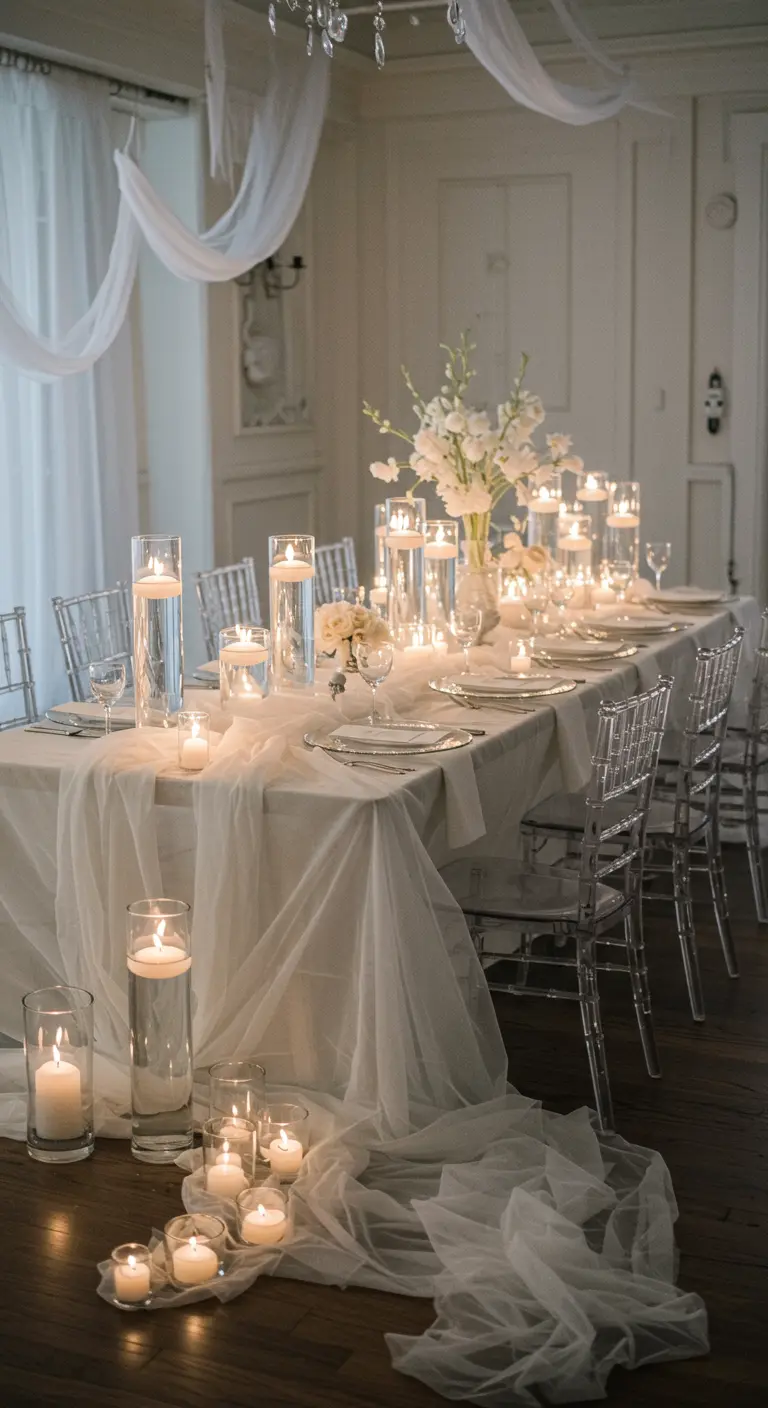 Weiß gedeckter Tisch mit durchsichtigen Stoffen und vielen hohen Glasvasen mit Schwimmkerzen.