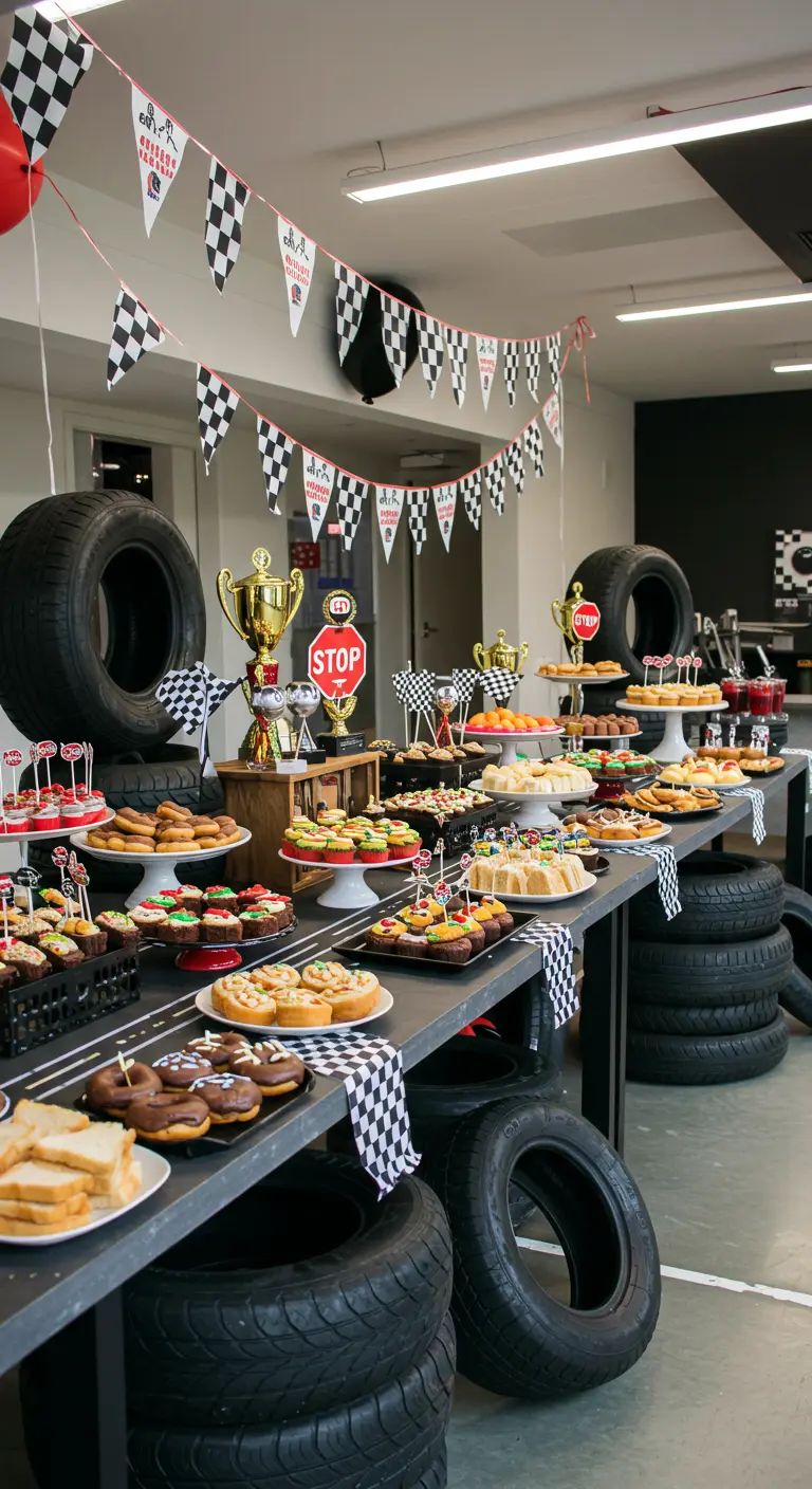 Rennauto-Party-Buffet mit Autoreifen, Zielflaggen-Wimpelketten und Pokalen