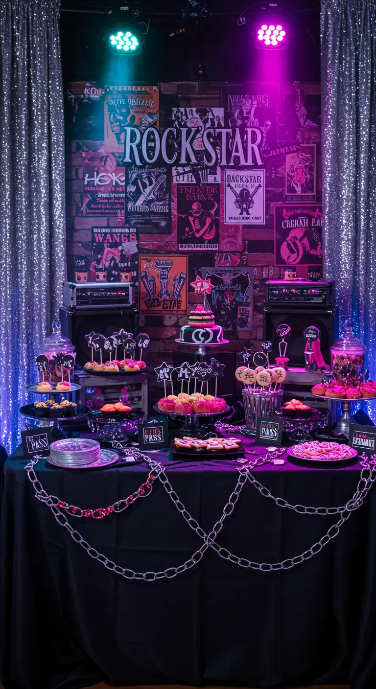 Rockstar-Mottoparty-Buffet mit Posterwand, Paillettenvorhängen und bunter Bühnenbeleuchtung