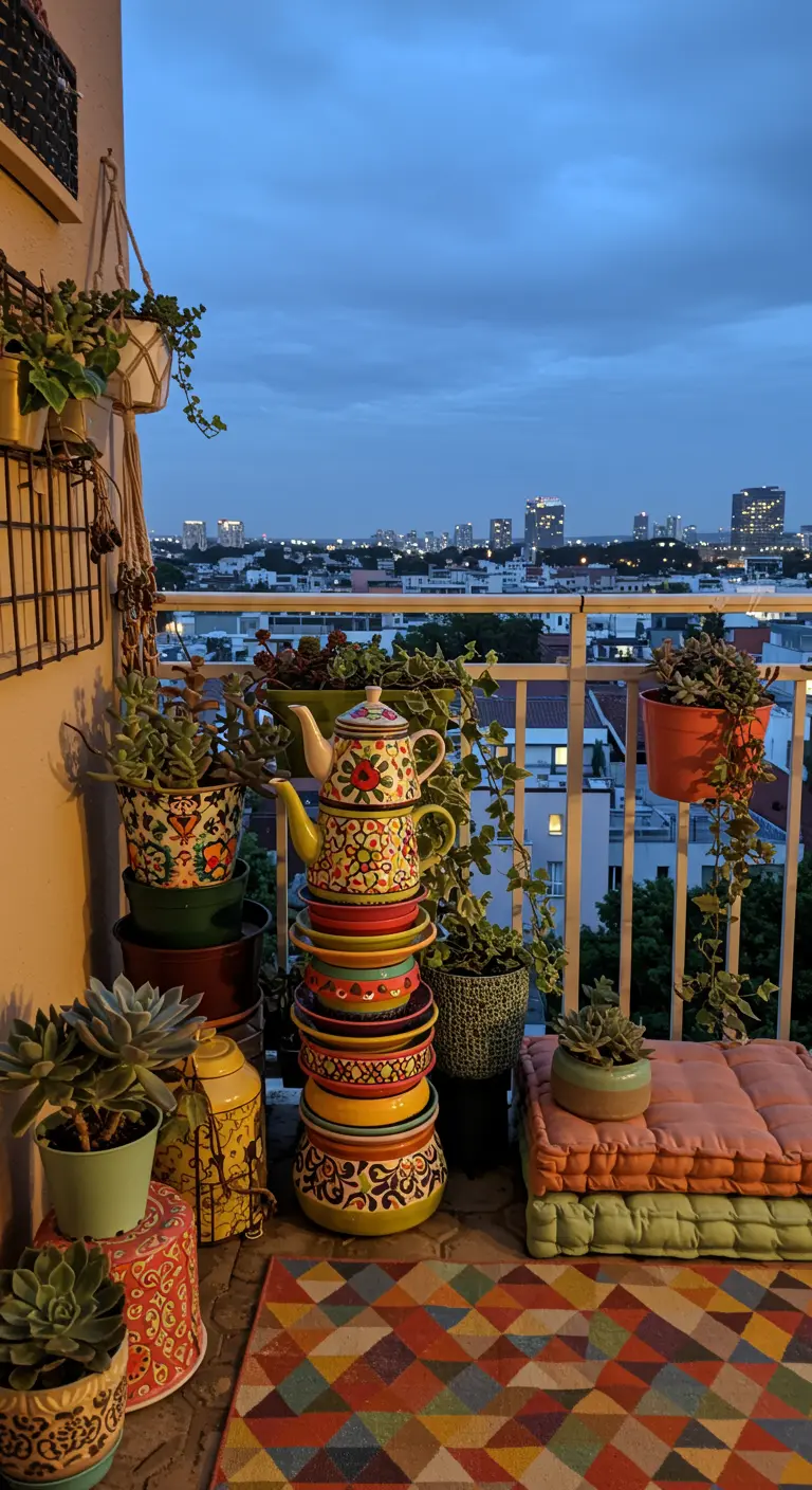 Bunter Teekannen-Brunnen auf einem urbanen Balkon mit vielen Pflanzen und Kissen.