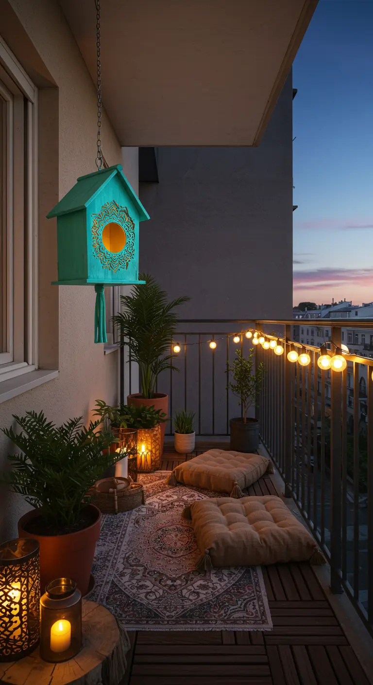 Türkisfarbenes Vogelhaus mit Mandala-Muster hängt auf einem gemütlichen Balkon bei Dämmerung.