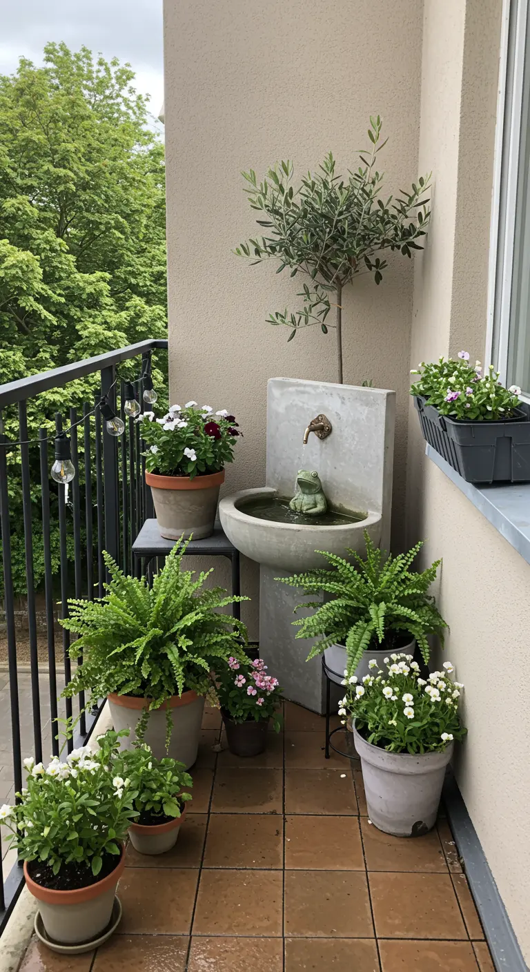 Ein kleiner, schmaler Froschbrunnen in einer Ecke eines Balkons, umgeben von Topfpflanzen.