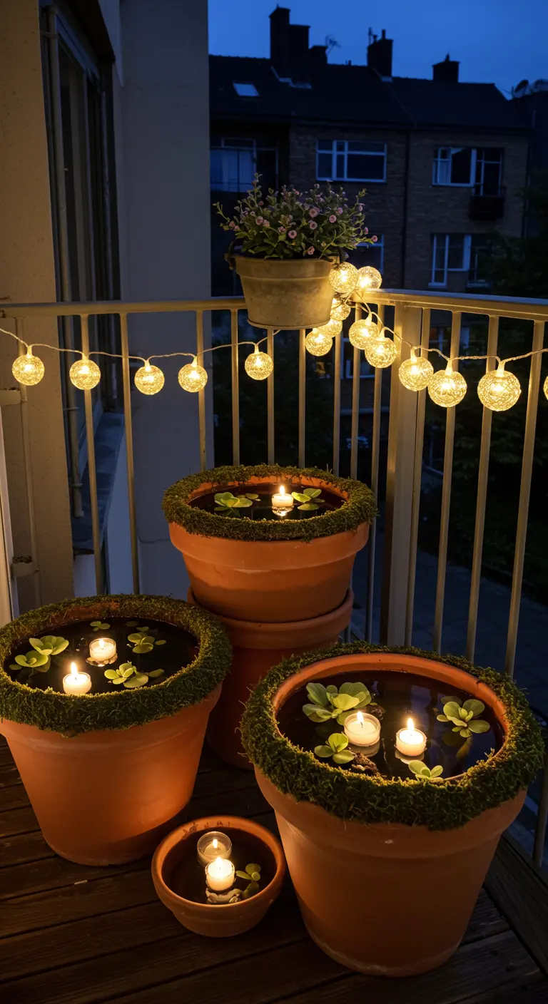 Mehrere Terrakotta-Töpfe als Mini-Teiche mit Schwimmkerzen auf einem Balkon bei Nacht.