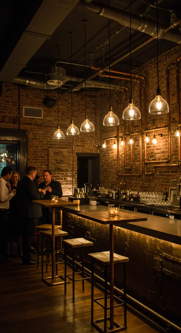 Dunkle Bar mit Backsteinwänden, Kupferrohren und hängenden Edison-Lampen über dem Tresen