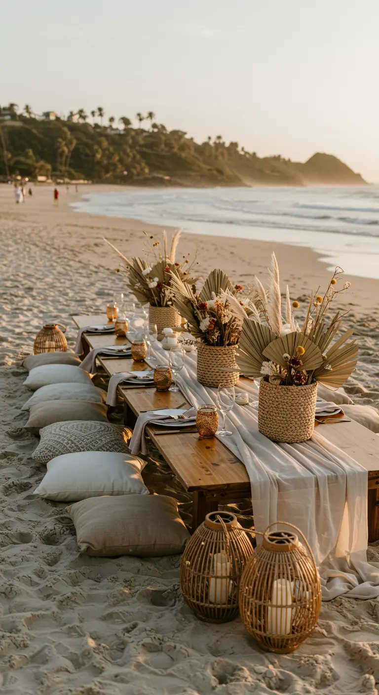 Niedriger Holztisch am Strand mit Kissen, Seegraskörben als Vasen und Bambuslaternen