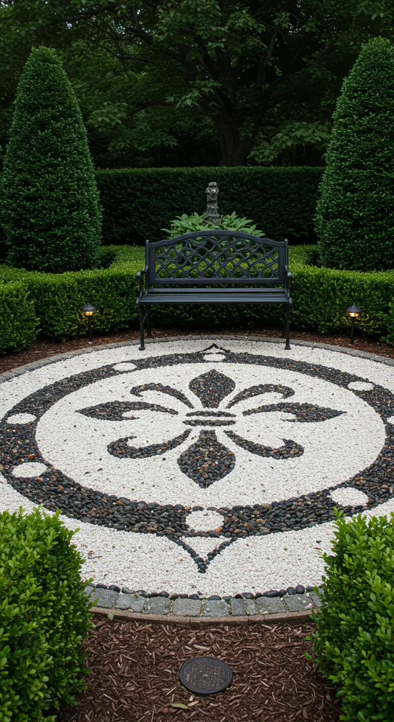 Ein großes, elegantes Mandala in Form einer Fleur-de-Lis aus schwarzen und weißen Kieseln.