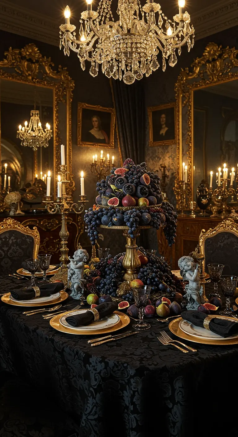 Opulent gedeckter Tisch mit einem hohen Turm aus Früchten, Goldkandelabern und Putten.