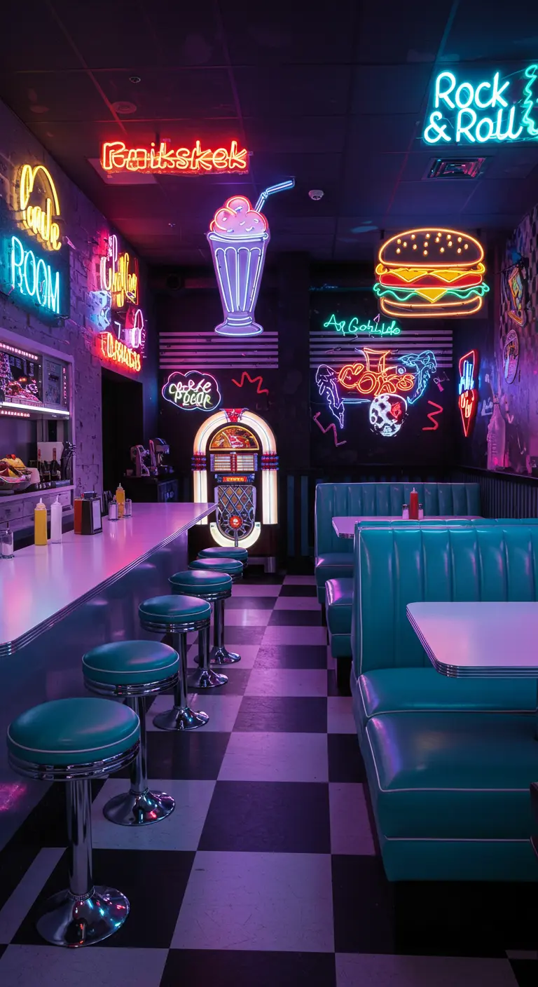 Das Innere eines amerikanischen Diners bei Nacht, voller bunter Neon-Schilder und Retro-Möbel.