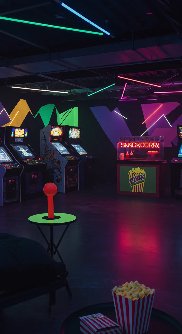 Ein dunkler Raum mit klassischen Arcade-Spielautomaten, beleuchtet von Neonröhren.