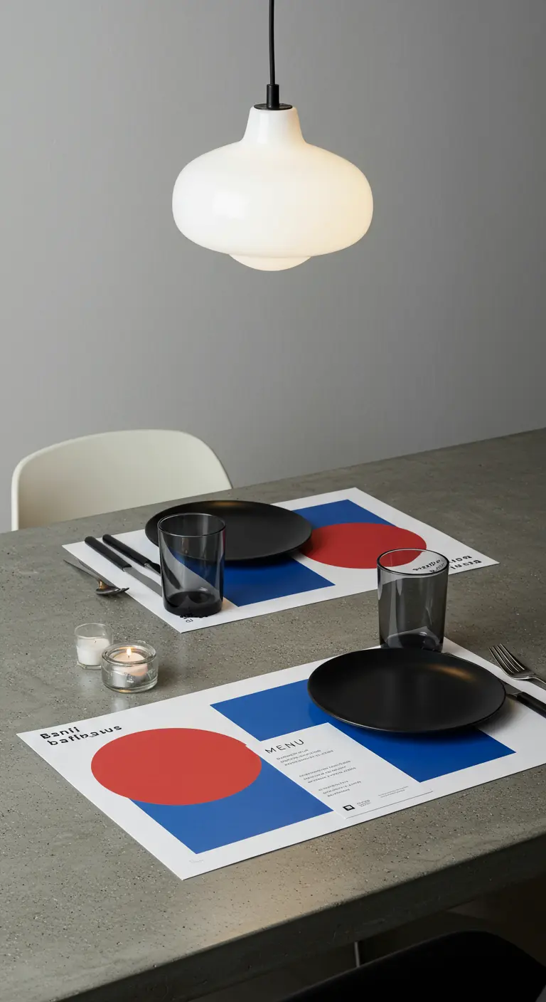 Tischset im Bauhaus-Stil mit roten Kreisen und blauen Rechtecken auf einem Betontisch.