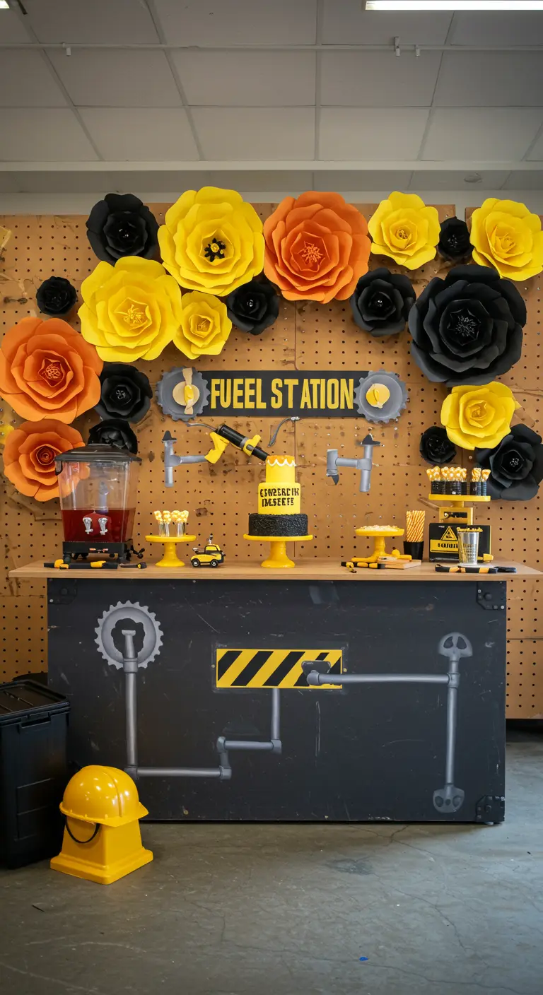 Baustellen-Deko mit gelben, orangen und schwarzen Papierblumen an einer Werkzeugwand.