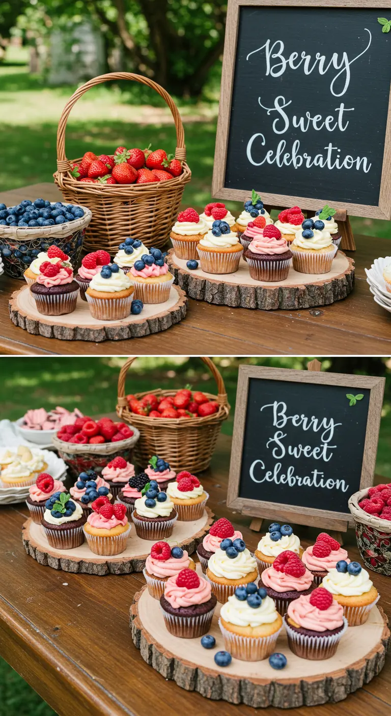 Desserttisch mit Beeren-Cupcakes auf Holzscheiben und einer Kreidetafel.