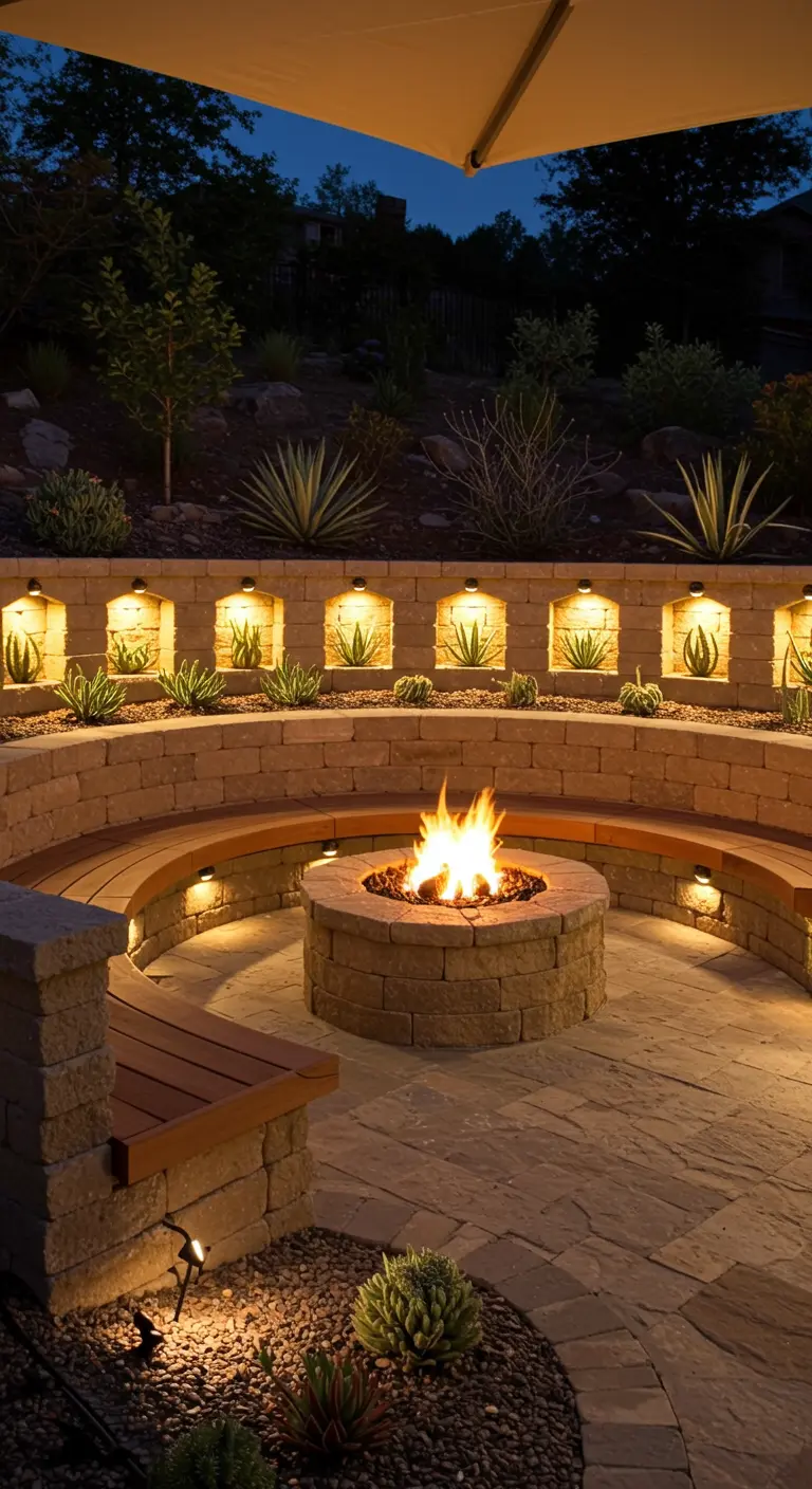 Eine gebogene Steinmauer mit beleuchteten Nischen, in denen Sukkulenten wachsen.