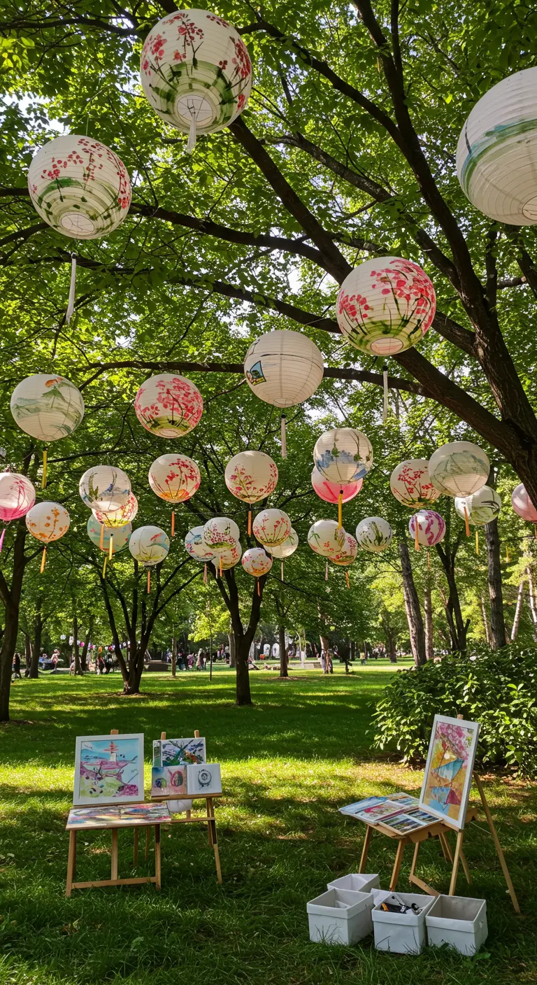 Handbemalte Papierlampions mit Kirschblütenmotiven hängen in einem grünen Park.