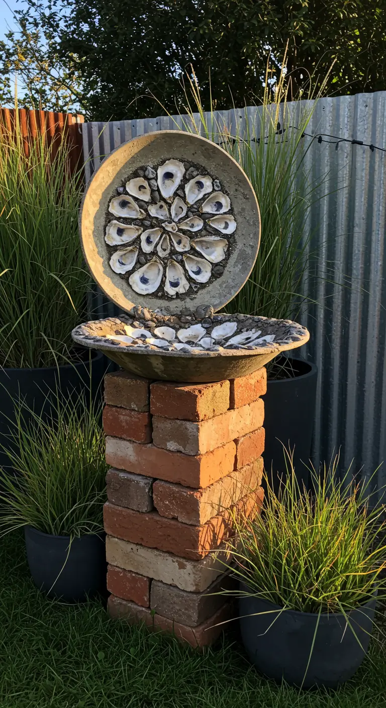 Zweistufiges Vogelbad aus Beton mit Austernschalen-Mosaik auf einem Ziegelsockel.