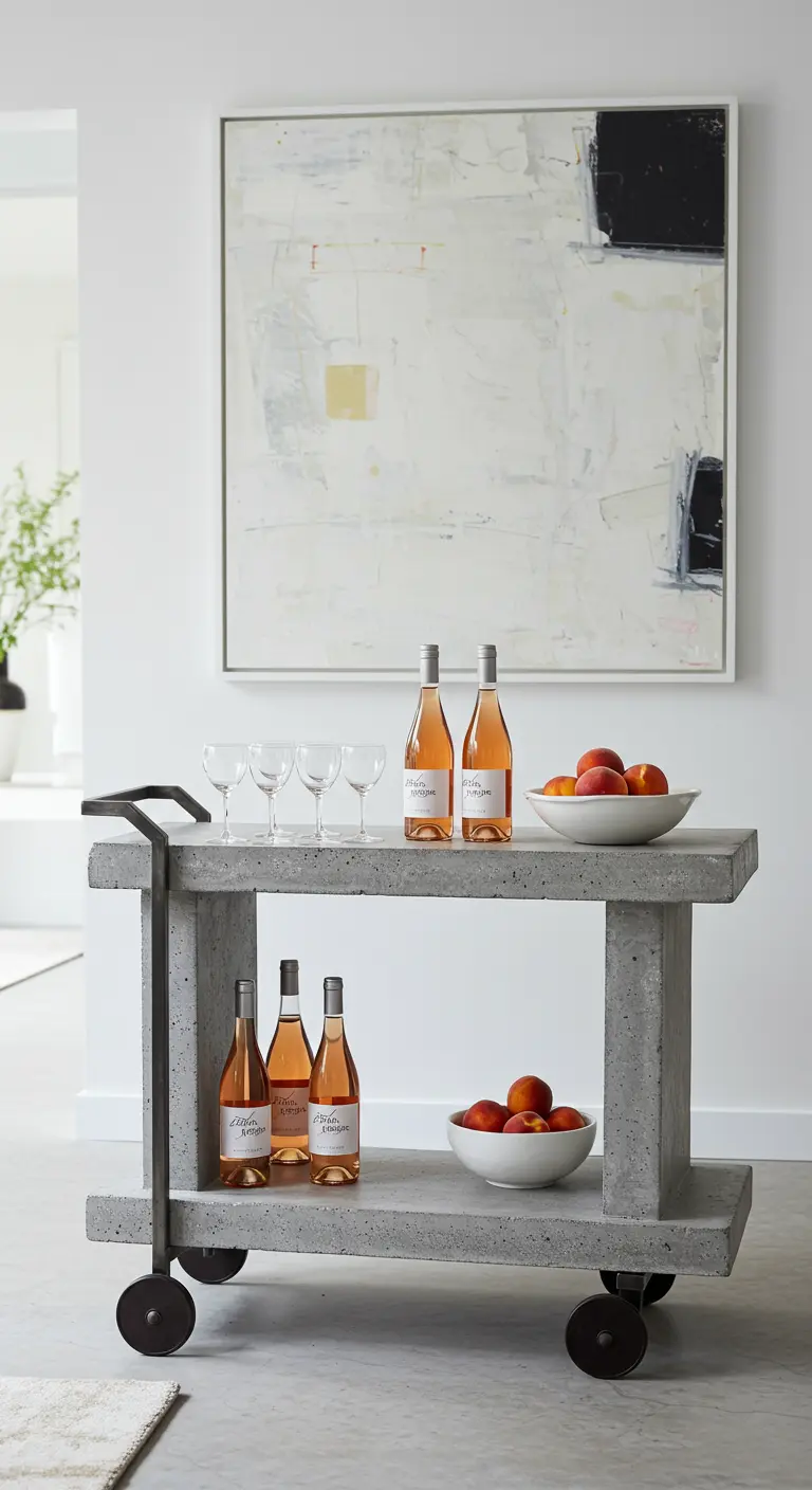 Minimalistischer Barwagen aus Beton mit Rosé-Flaschen und einer Schale Pfirsiche