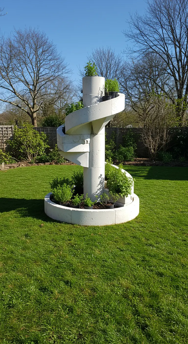 Moderne, skulpturale Kräuterspirale aus hellem, glattem Beton auf einer großen Rasenfläche.