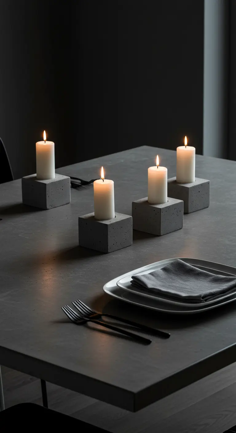 Minimalistische Tischdeko mit vier Kerzen in quadratischen Betonhaltern.