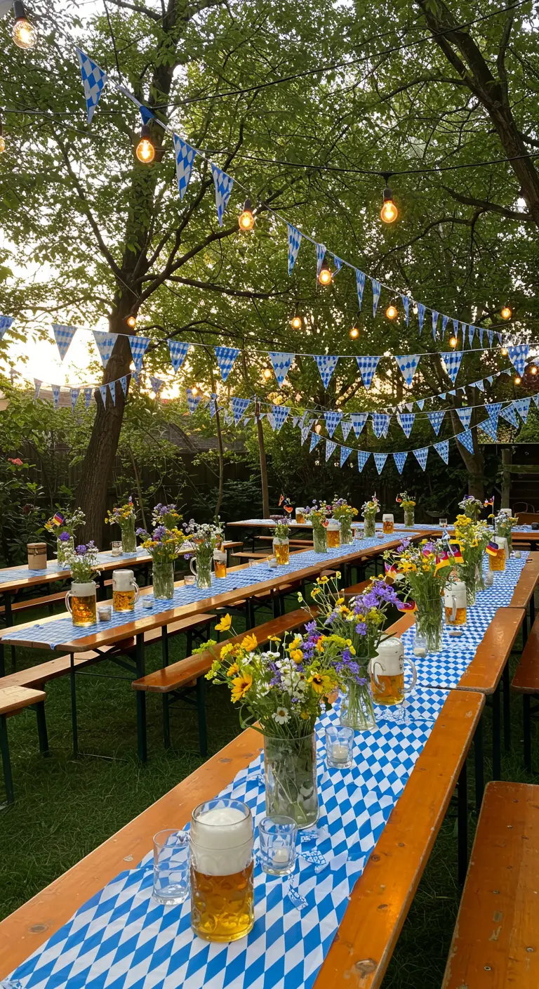 Lange Biertische mit blau-weißem Muster, Lichterketten und Wiesenblumen im Garten.