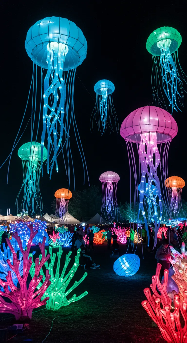 Große leuchtende Quallen-Lampions in Blau, Pink und Grün schweben über einem Festivalgelände.