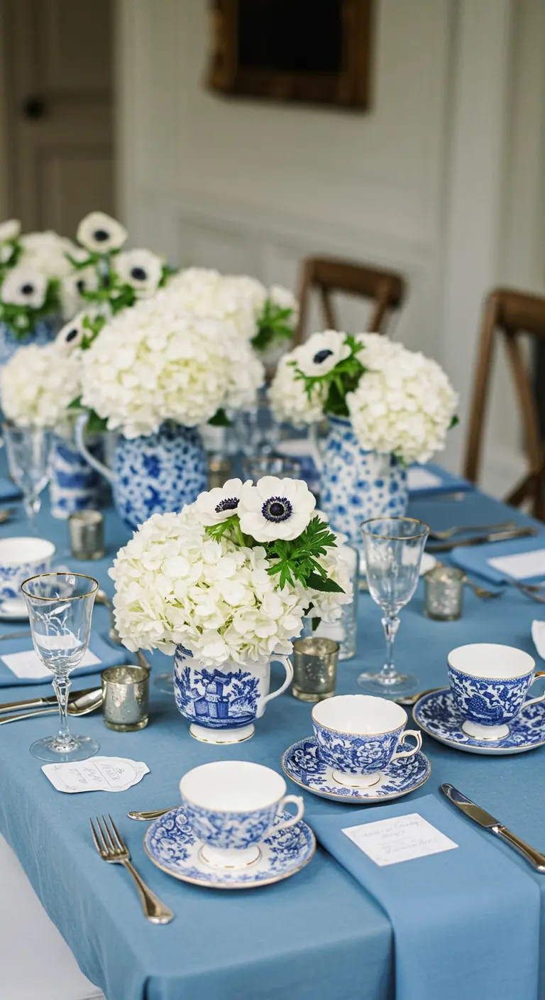 Tischdekoration in Blau und Weiß mit Hortensien in gemusterten Teetassen.