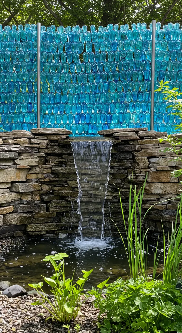 Ein kleiner Wasserfall plätschert vor einer hohen Wand aus leuchtend blauen Glasflaschen.