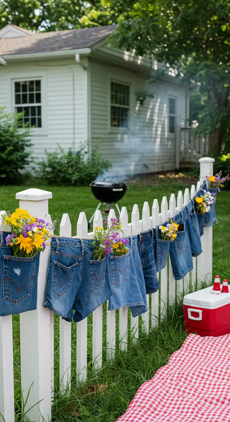 Girlande aus Jeanstaschen, gefüllt mit Blumen, hängt an einem weissen Gartenzaun.