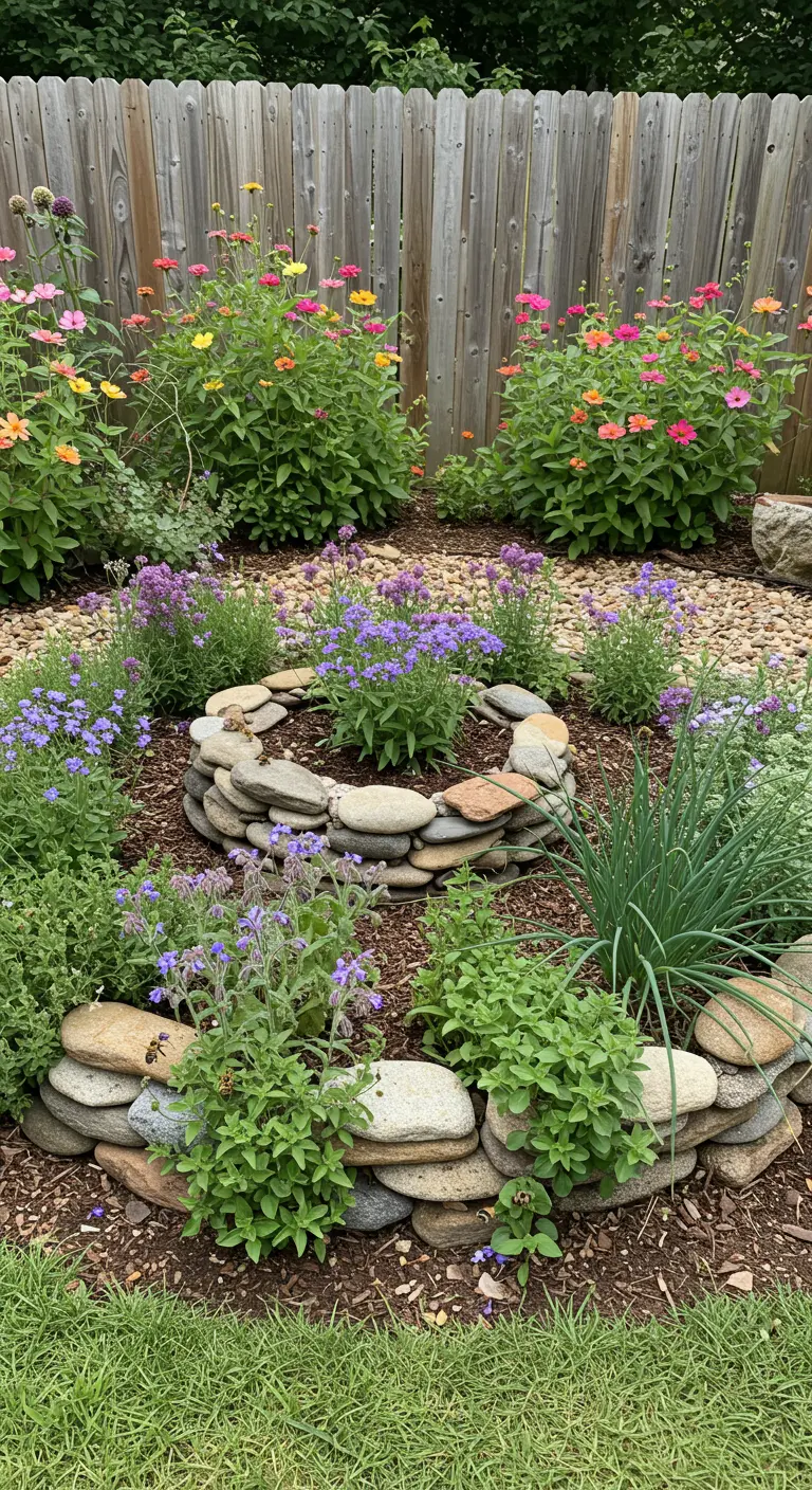 Flache, runde Kräuterspirale aus Flusssteinen, umgeben von bunten Blumen und Kräutern.
