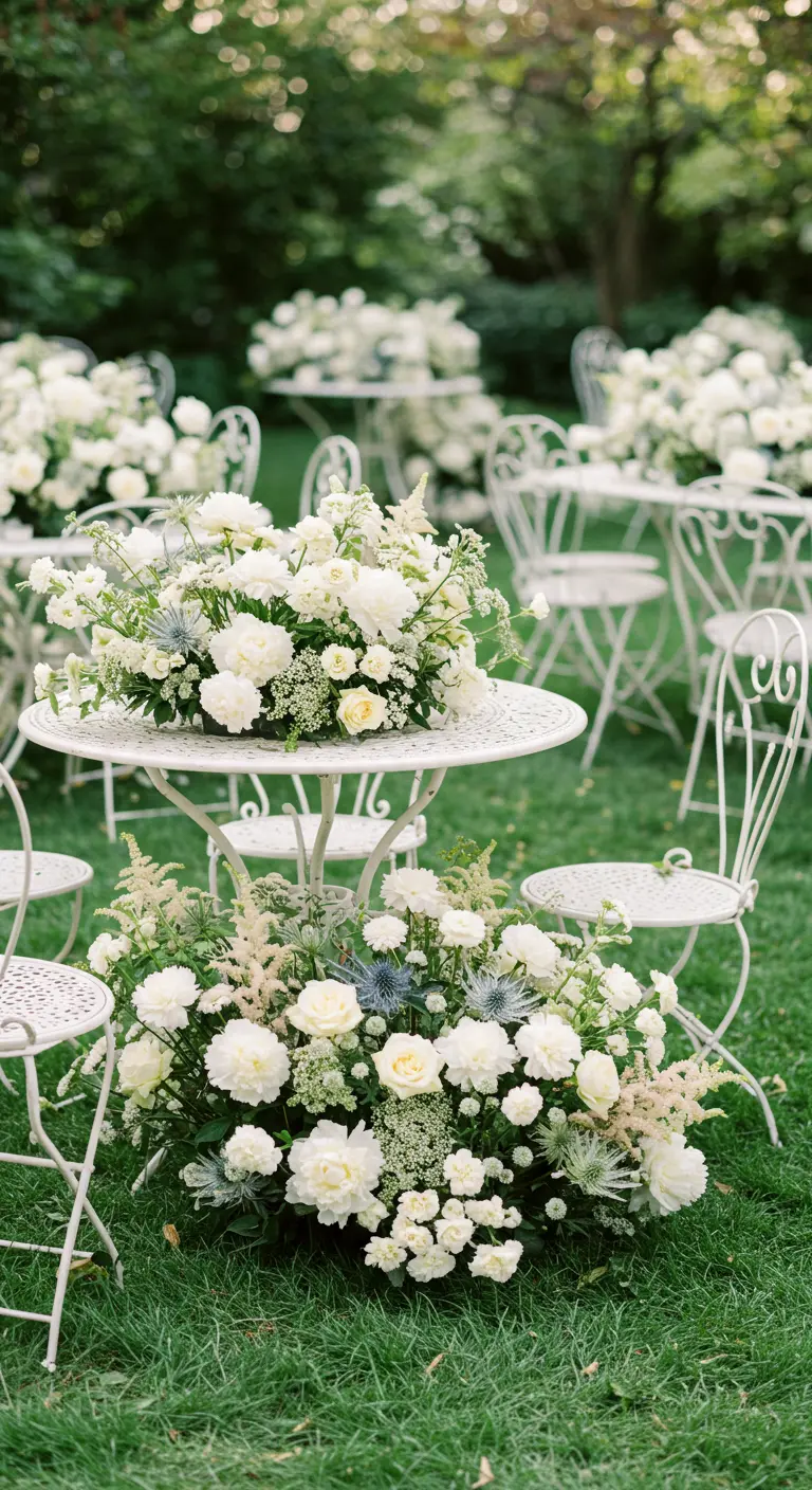 Weiße Bistrotische im Gras, umgeben von üppigen weißen Blumenarrangements am Boden.