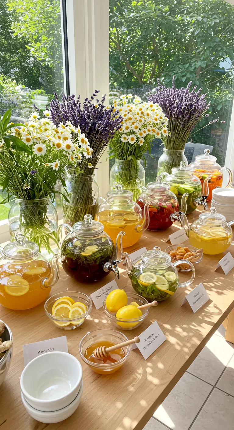 Eistee-Bar mit Glaskannen, frischen Blumen wie Kamille und Lavendel in einem hellen Raum.