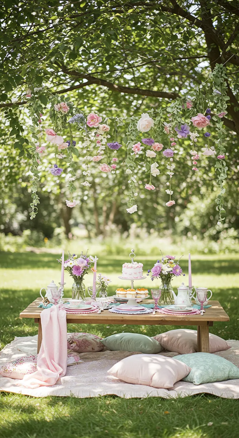 Über einem Gartentisch hängende einzelne Blumen an Fäden, die einen Blütenregen bilden.