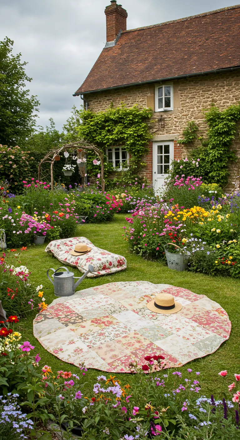 Runde und rechteckige Patchwork-Matten mit Blumenmuster in einem blühenden Cottage-Garten.