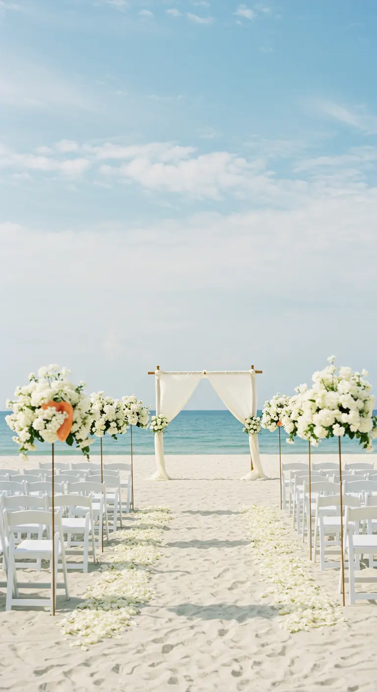 Hochzeitsgang am Strand mit weißen Stühlen und hohen, weißen Blumenarrangements.