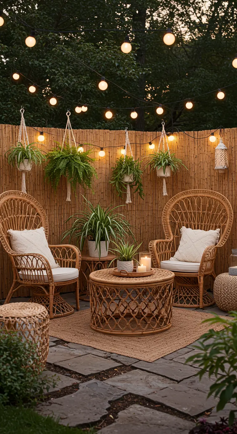 Gemütliche Gartenecke mit Bambus-Sichtschutz, Rattanmöbeln und Hängepflanzen in Makramee-Ampeln.