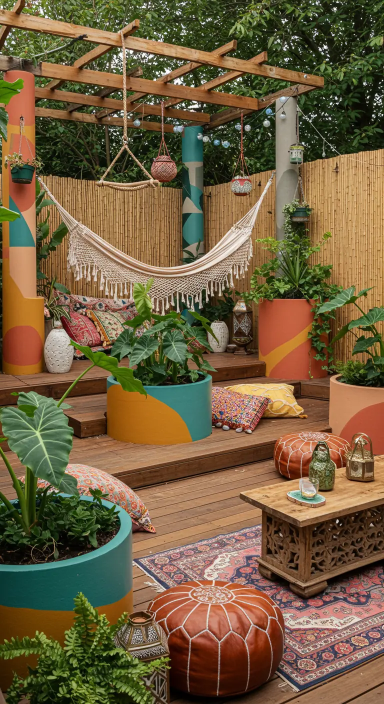 Bunt bemalte Betonringe als Pflanzkübel auf einer Holzterrasse im Boho-Stil mit Hängematte.