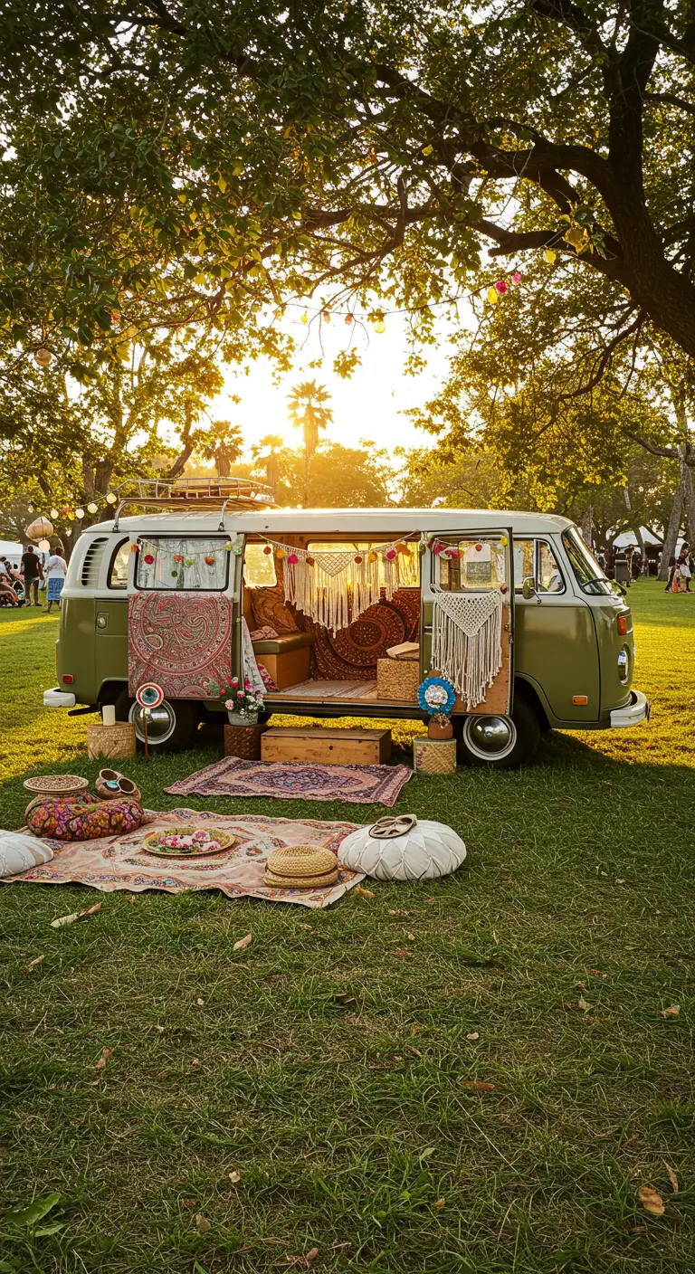 Ein Vintage-VW-Bus, dekoriert im Boho-Stil mit Makramee und Kissen bei Sonnenuntergang.