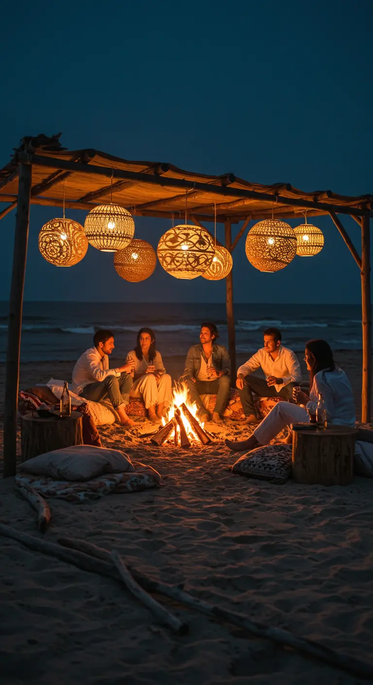 Große Rattan-Lampions hängen über einer gemütlichen Sitzgruppe am Strand um ein Lagerfeuer.