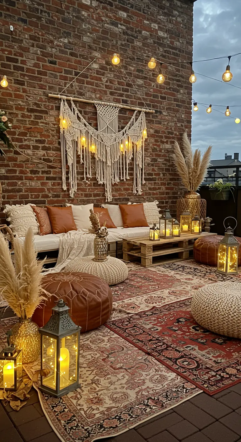 Boho-Lounge auf einer Terrasse mit Makramee-Wandbehang und vielen Lichtern