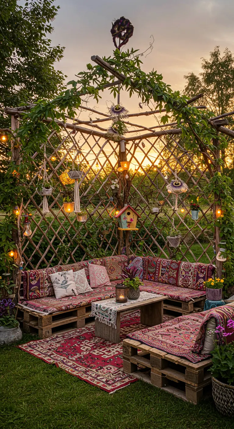 Boho-Lounge mit Palettensofas unter einer mit Treibholz und Lichtern geschmückten Pergola.