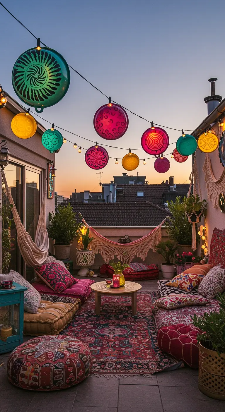 Farbenfrohe Küchensiebe als Lampenschirme an einer Lichterkette auf einem Boho-Balkon.