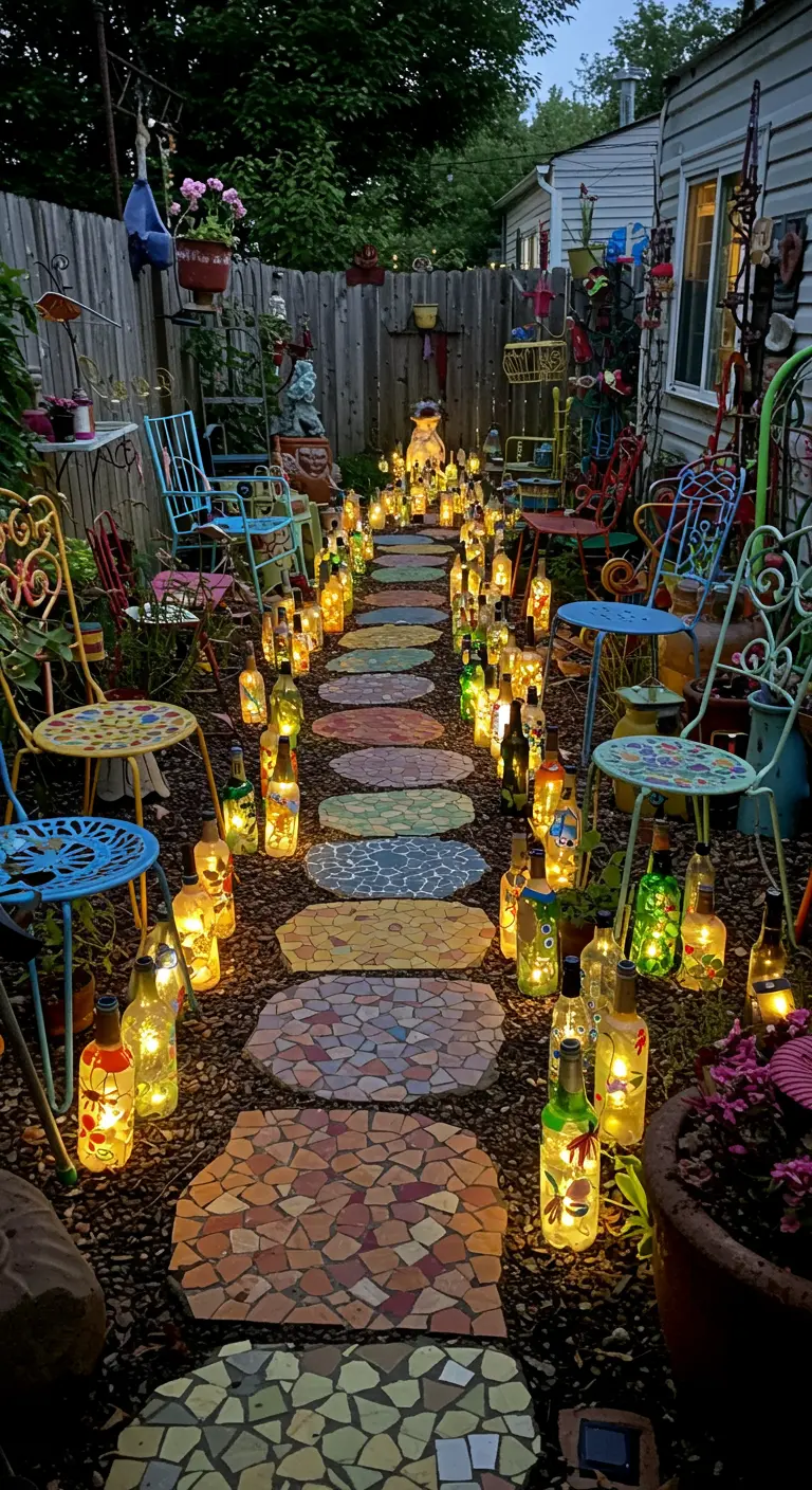 Ein kunterbunter Gartenweg mit Mosaiksteinen, überladen mit bemalten Flaschenlichtern.