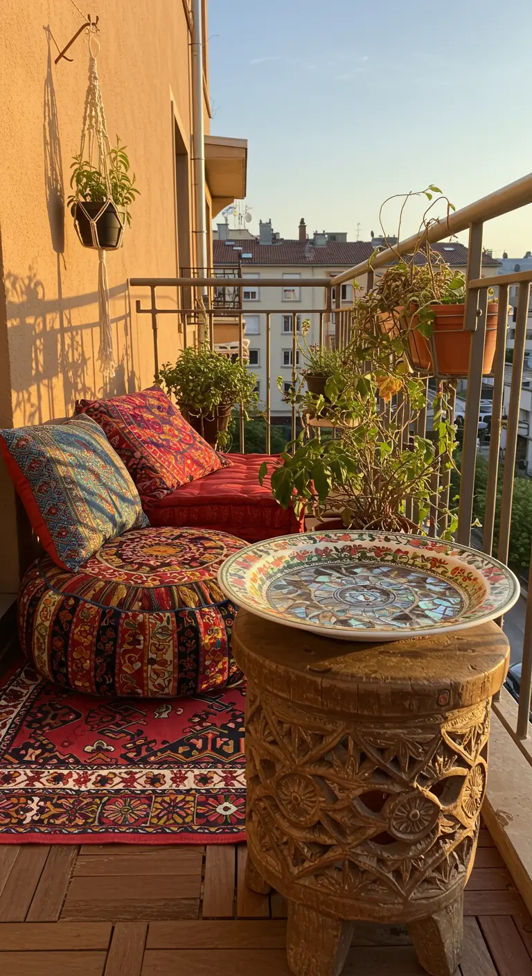 Bunte Mosaik-Vogeltränke auf einem orientalischen Holzhocker auf einem Boho-Balkon.