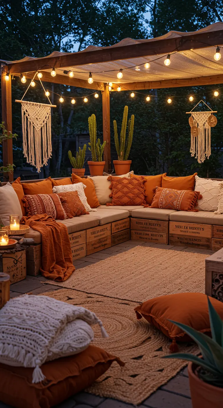 Große Lounge aus Weinkisten mit Terrakotta-Kissen, Makramee und Lichterketten.