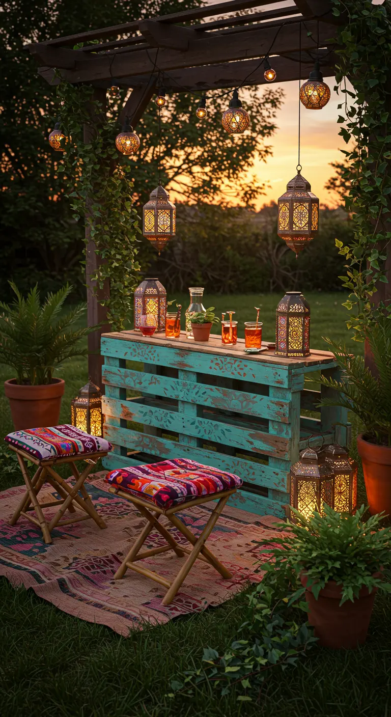 Türkis bemalte Palettenbar unter einer Pergola mit orientalischen Laternen.