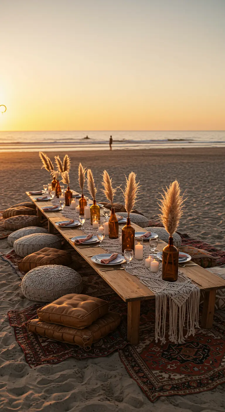 Niedriger Holztisch im Sand, gedeckt für ein Abendessen mit Pampasgras und Kissen.