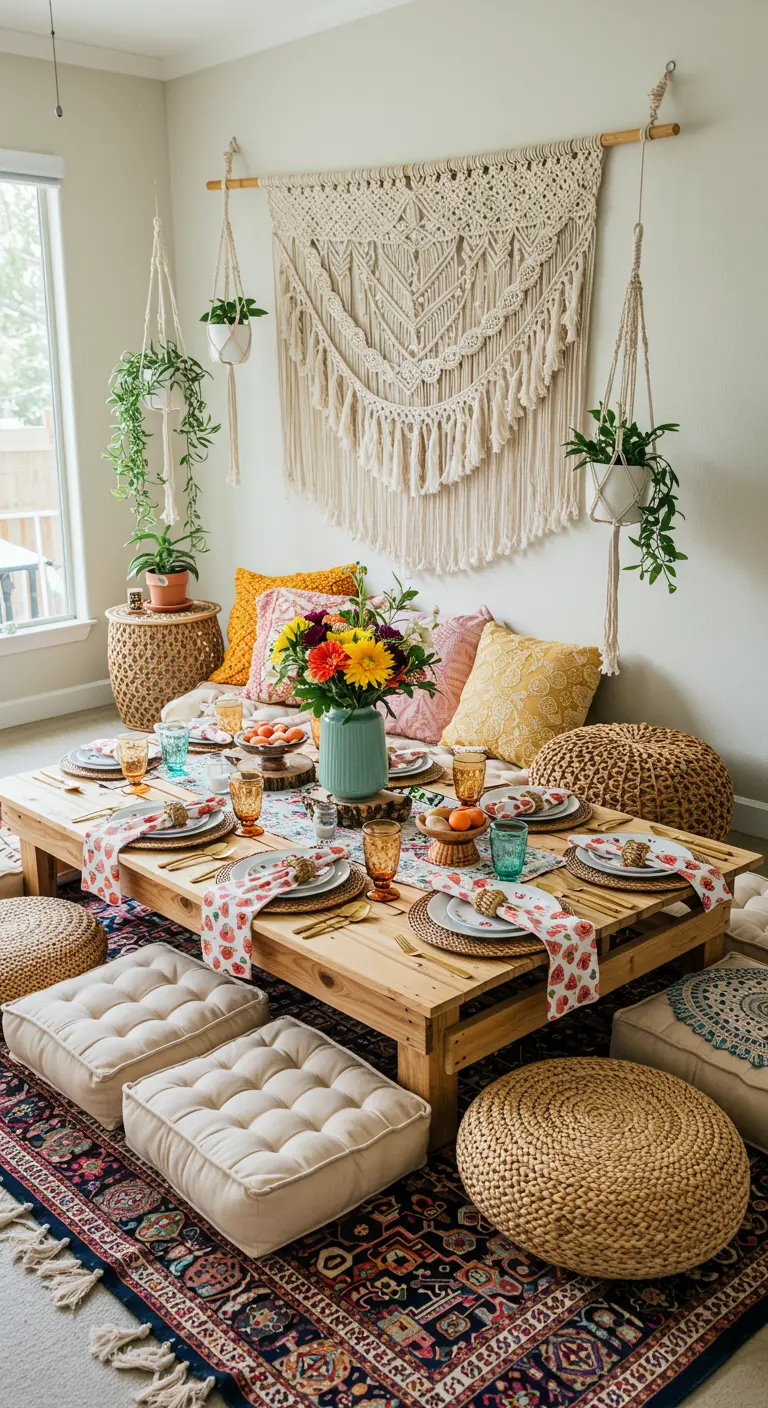 Boho-Tischdeko mit Bodensitzkissen, Makramee-Wandbehang und vielen Hängepflanzen.