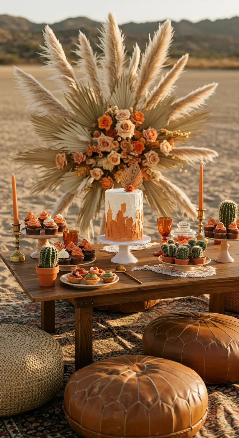 Boho-Torte auf einem niedrigen Holztisch, umgeben von Pampasgras und Kakteen.