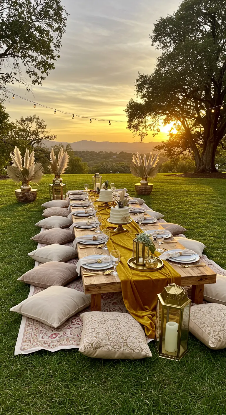 Niedriger Holztisch auf einer Wiese, gedeckt mit einem goldenen Samtläufer und Kissen